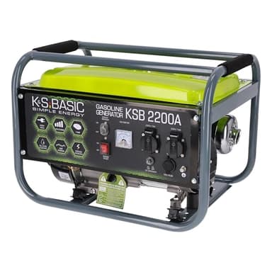 Groupe électrogène à essence KSB 2200A, puissance maximale 2200W, démarrage manuel, puissance moteur 5,5 CV, régulateur AVR, voltmètre, 2x16A (230V), sortie 12V, alternateur en aluminium