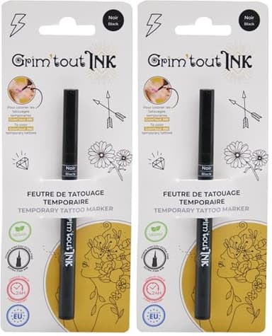 Grim'Tout - Feutre de Tatouage Temporaire Noir - Encre Sans Danger pour la Peau - Vegan - Pointe Extra-fine - Longue Tenue - Loisirs Créatifs et Festifs : Carnaval, Festival, Kermesse (Lot de 2)