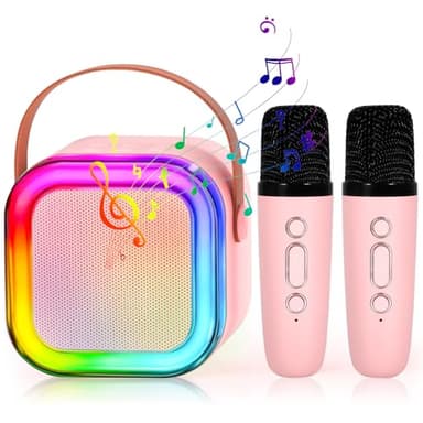 Mini Portable Enceinte Karaoke Bluetooth sans Fil avec 2 Micro, Microphone Karaoké sans Fil, Magique Voix Change et LED Lumière Qualité Sonore HiFi, Complet pour Enfant Adulte Fille