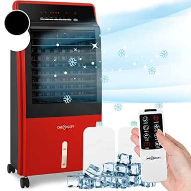 OneConcept Rafraichisseur d'Air 4 en 1, Climatiseur Portable, Humidificateur, Ventilateur, Ioniseur, Climatiseur Mobile Sans Évacuation, Pack Glacons, Réservoir 8L, 65W, Puissant Débit d'Air 360m³/h