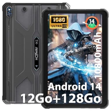 HOTWAV R8 Tablette Incassable, 12GB + 128GB/TF 1TB Tablette Tactile, 10800mAh Battery, Écran 10.1" HD+, Android 14 Tablette, 13MP+5MP/Octa-Core/Dual SIM 4G/WLAN 5G/IP68&IP69K/Face ID/GPS/OTG Noir