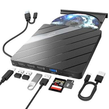 Alxum Lecteur CD Externe pour PC-Lecteur DVD Externe avec Fente pour Carte CD&TF et Ports USB2.0&USB3.0,Graveur CD Externe USB&USB C pour PC,de Bureau,MacBook,Windows,Linux,Mac OS,Vista