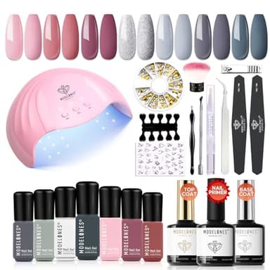 Modelones Kit Vernis Semi Permanent 48W Lampe UV, 22PCS Kit Ongle Gel UV Complet Gris Rose Argenté, Vernis Gel et 3 Base & Top Coat, Manucure Outils Accessoires Nail Art Kit Cadeau
