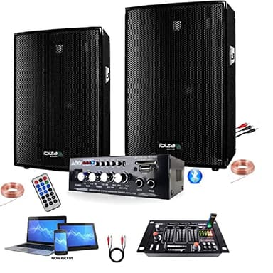 IBI - Pack Sono 600w Total avec 2 Enceintes 300w + Ampli Compact Bluetooth USB + Table de mixage Nombreuses possibilités