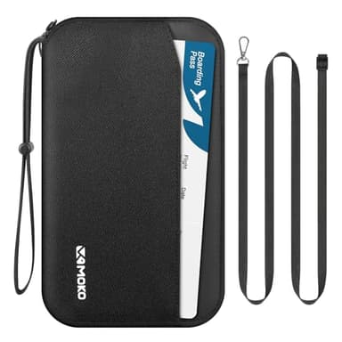 MoKo Porte-Passeport Familial pour 5 avec Sangle Et Support AirTag, Portefeuille De Voyage RFID avec Stylo Et Fentes pour Cartes, Organiseur De Documents De Voyage pour Billets, Pièces, Clés, Noir