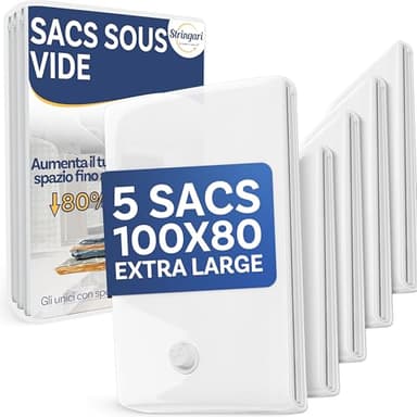 Stringari Sac Sous Vide Vetement Aspirateur Lot de 5 pièces XL 100x80 - Sac de Rangement Sous Vide De Qualité Supérieure - Housse Aspirable Rangement Les Seules Avec une Épaisseur de 90 Microns