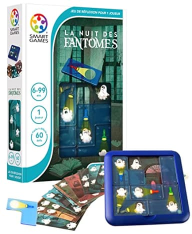 SmartGames - La Nuit des Fantômes - Jeu de Réflexion - Eclairez Tous les Fantômes - 60 Défis de Différents Niveaux - 1 Joueur - A partir de 6 Ans, Bleu, Noir, Blanc