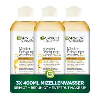 Garnier Lot de 3 flacons d'eau nettoyante micellaire tout-en-un - Nettoyage doux du visage pour maquillage imperméable - Démaquillage rapide et efficace pour le visage, les lèvres et les yeux