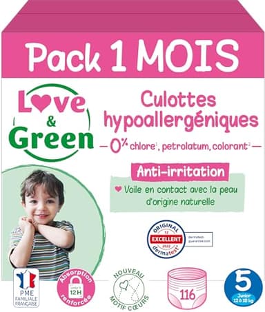 Love & Green - Couches Culottes (Pants) Saines et Ecologiques Taille 5 (12 à 18 kg) Pack 1 Mois (116 culottes) - Absorbante, anti-fuites et sans ingrédients indésirables