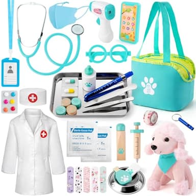 Sundaymot Malette Docteur Enfant, Veterinaire Enfant avec Peluche Chien, véritable stéthoscope, thermomètre, Blouse de médecin et Sac de médecin Portable, Adapté Jouet Éducatif 3 Ans et Plus