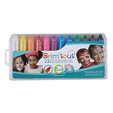 GRIM'TOUT - Maquillage a l'Eau Enfant - 12 Sticks - Fêtes, Anniversaire, Carnaval - Facile à Appliquer et Nettoyer - Sans Parabène, Doux pour la Peau - Qualité Cosmétiques CE - Fabrication Européenne