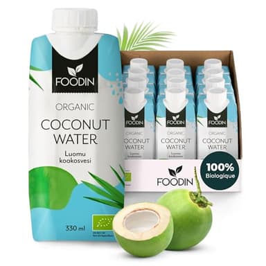 Foodin Eau de coco Bio, Naturellement hydratante avec des électrolytes, Sans gras, Sans gluten, Sans OGM, Faible en calories - Désaltérant apaisant - Paquet de 12 (12x330ml)