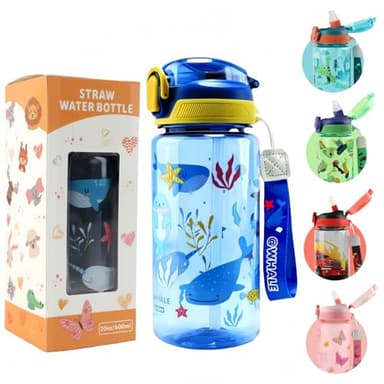 MHwan Gourde Enfant, 600 Ml, Robuste, Incassable, Anti Fuite, Sans BPA, Ouverture par Simple Pression, Facile à Nettoyer, avec Paille, Idéale pour l'École et l'Extérieur