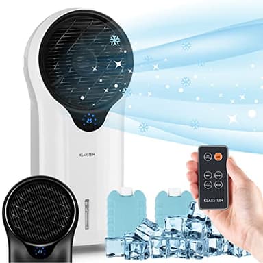 Klarstein Climatiseur Mobile 3 en 1, Climatiseur Portable avec Humidificateur, Ventilateur, Climatiseur Mobile Sans Évacuation, 2 Pack Glacons, Minuterie, 3 Modes, 90W, Puissant Débit d'Air 1600m³/h