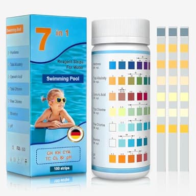 7 en 1 Testeur pour Eau de Piscine et Spa,100 Pièces Bandelette Piscine, Piscine Bandelettes Testeur Piscine et Spa,Le Brome L'alcalinité Totale et pH,la Dureté Totale
