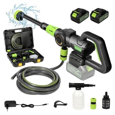 WUIETI Nettoyeur Haute Pression à Batterie, Max 120 Bar, Pulvérisateur de Mousse, 6-en-1 Multi-Usage Buse, Conduite d'eau de 5M, pour Le Nettoyage de la Voiture et de la Maison (2 Piles)