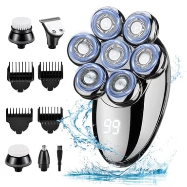 BabyPop! 5 en 1 Rechargeable Étanche Rasoir Electriques Hommes, 7D Tête Chauve Rotative, IPX7 Étanche, Rasage Sec et Humide, Tondeuse à Poils de Nez, Brosse Visage, Argent, Metallique