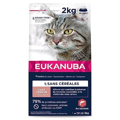 EUKANUBA Grain Free Croquettes pour Chat Senior - Riche en saumon - Apport en L-carnitine - Enrichie en taurine, Sans OGM, colorants, arômes artificiels - 2 kg