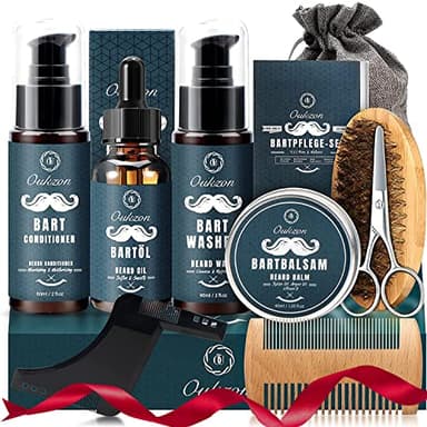 Kit Soins Barbe Homme, Oukzon 10 en 1 Coffret Barbe Homme Complet Professionnel avec Huile Barbe, Shampoing, Conditionneur, Idee Cadeau Homme Noel Saint Valentin Fete des Peres pour Papa, Frere, Mari