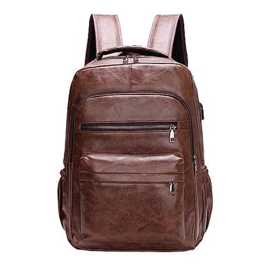 Perfeclan Sac à Dos Ordinateur Portable en Cuir PU, Sac à Dos de Voyage Imperméable avec USB Charging Port, Sac à Dos Décontracté Sac à Main Résistant à L'usure Pochette Confortable Sac à Dos, CAFÉ