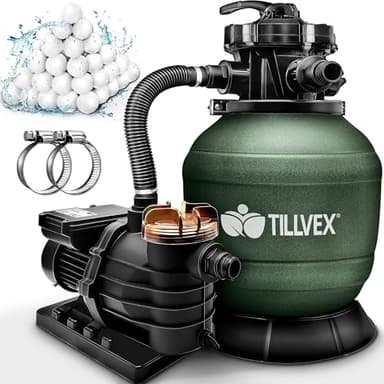 tillvex® Système de Filtre à Sable 13 200L/h jusqu'à 40 000L + 1200g Boules Filtre | 7 Fonctions de Filtration & Adaptateur 2en1 Ø32-38mm | Filtre piscine avec indicateur de pression (Vert)