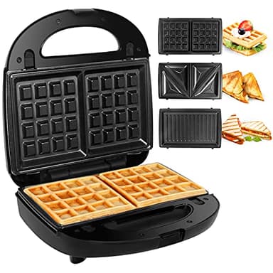 Gotoll Appareil à Croques Monsieur Gaufrier 3 en 1 Machine à Sandwich Maker Gauffre Presse Toaster Pain Plaques Remplaçables 750W - Noir