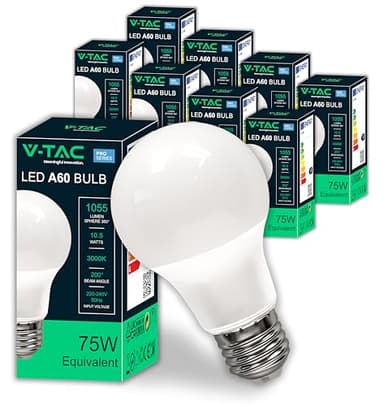 V-TAC 10x Ampoules LED A60 10,5W - [Haute Luminosité] - E27 - (équivalent 75W) - 1055 Lumen - Ouverture du faisceau lumineux 200° - Efficacité Maximale et Économie d'Énergie - Blanc Chaud 3000K