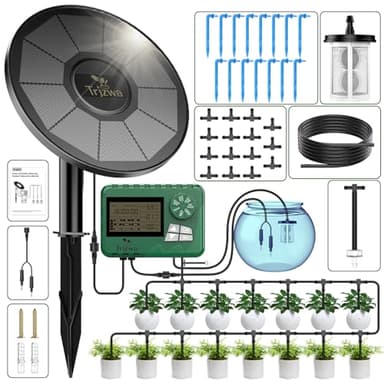 TRJZWA Kit D'irrigation Goutte à Goutte Énergie Solaire,2200mAh Système programmateur Arrosage Automatique,Kit Arrosage Goutte à Goutte avce 15 Goutteurs pour Vacances Balcon Jardin de Plantes en Pot