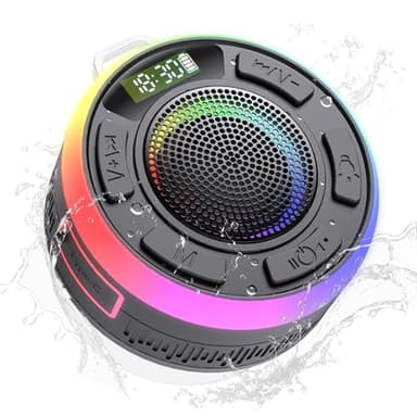 Enceinte Bluetooth Douche, Mini Enceinte Bluetooth 5.3 avec HD Mic, 360° Stéréo Enceinte Portable, Lumière LED Haut Parleur de Douche avec Ventouse, Étanche IP7 pour Salle de Bain, Extérieur, Noir