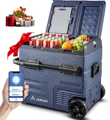 AAOBOSI 55L Glaciere Electrique, Bi-Zonal, Glaciere a Compression Avec APP, Chargement Par USB, Eclairage Par LED, 12/24 V et 100-240 V, -20°C à 20°C, Avec Roues, Pour De Nombreux Modèles De Véhicules