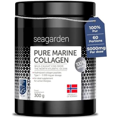 Seagarden Collagène marin en poudre pur Type I -Pour les articulations, les Os, les Muscles, la Peau - Pre Workout Booster Puissant - Non aromatisé - 300g 2 mois (Sans saveur)