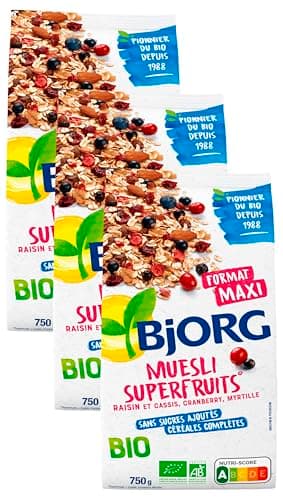 BJORG - Muesli Superfruits Bio - Raisins, Cassis, Myrtilles, Cranberries - Sans Sucres Ajoutés - 750 g (Lot de 3)
