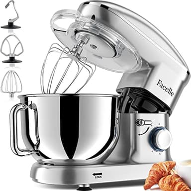Robot Pâtissier 1500W Facelle Petit électroménager 6,2 L,avec Crochet Pétrisseur,Batteur,Fouet à Fil,protection contre les éclaboussures,pour la cuisson,les gâteaux (Argent)