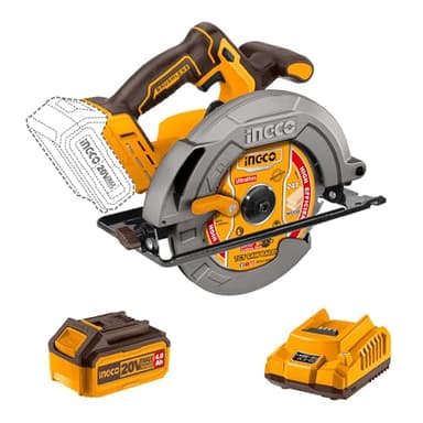 INGCO Scie Circulaire Sans Fil Scies électriques 20V, Moteur Sans Balais, Diamètre 185 mm, 4800 tr/min, Profondeur de Coupe Maximale 65 mm avec 1 Batterie 4,0 Ah, 1 Chargeur CSLI18511