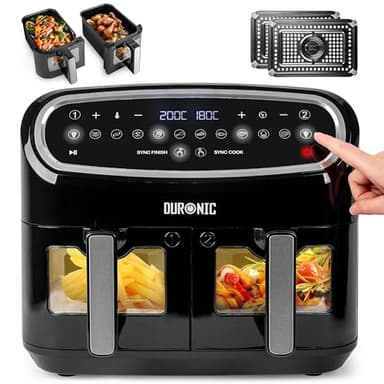 Duronic AF24 Friteuse à Air de 2400W | 2 Paniers de 5L pour Toute la Famille | Large écran de contrôle | 10 Programmes de Cuisson Préréglés | Sans huile | Fonctions Sync Cook et Sync Finish