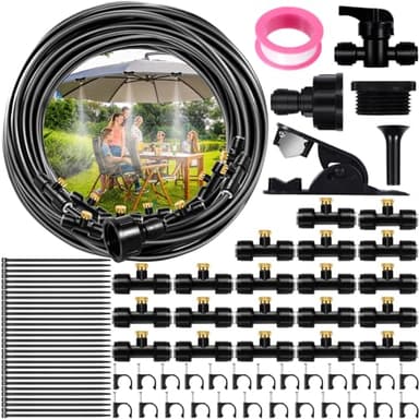 GUHAOOL Brumisateur Terrasse Exterieur, Kit d’Irrigation Système de Brumisateur Extérieur 18M avec 20 Buses de Brume avec Joint en T, Kit de Tuyau Brumisateur par Brume pour Jardin Parasols, Piscine
