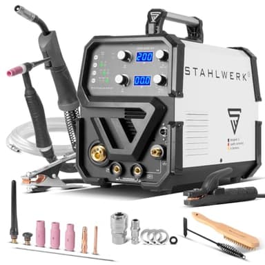 STAHLWERK Poste à souder 3 en 1 combiné MTM-200 ST - Inverter 200 A, TIG, MIG MAG, MMA, synergique, entraînement à 4 galets, allumage HF, convient au fil fourré, pour l'acier et les tôles fines