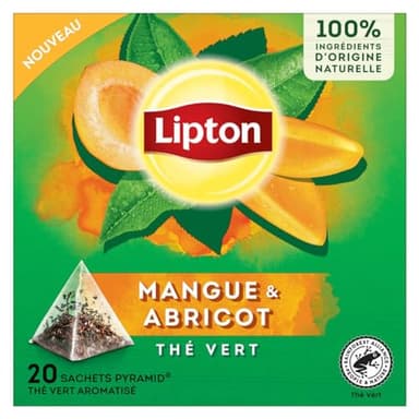 Lipton, Thé Vert, Thé Vert Aromatisé, Infusion à Froid ou Chaud, Goût Mangue & Abricot, Ingrédients d'Origine 100% Naturelle, 20 Sachets Pyramid