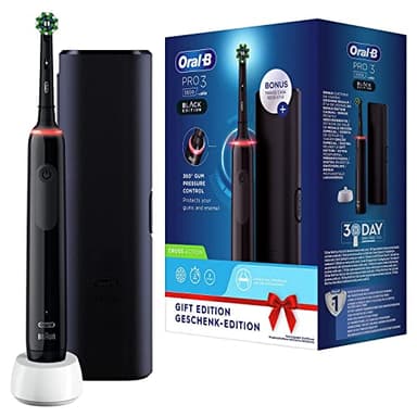 Oral-B Pro 3 3500 Brosse À Dents Électrique Rechargeable Avec 1 Manche Capteur De Pression, 1 Brossette Et 1 Étui De Voyage Offert, Noir, Élimine Jusqu’À 100 % De Plaque Dentaire