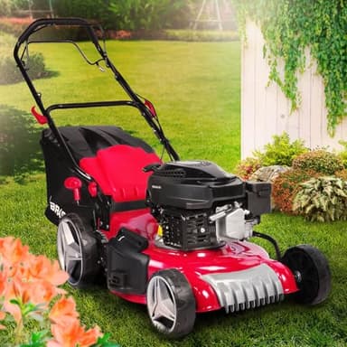 BRAST Tondeuse Thermique tractée Mulching 46cm 170cc Moteur de Marque 4 Temps 4,76cv 60l réglage Central 30-80mm - 2 modèles différents - Capot en tôle en Acier 4en1 édition Rouge Tondeuse Thermique