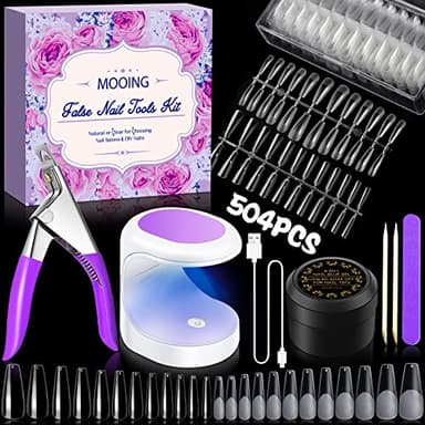 MOOING Capsule Kit Ongle Américain, 504 Pcs Faux Ongles, 11 Tailles, Pose Américaine Complète, Mini Lampe UV, Gel Nail Extension
