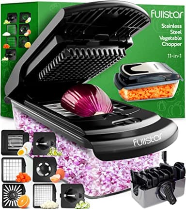 Fullstar Coupe Legumes Multifonction et Spiraliseur - Découpe en Cube - Hachoir Manuel pour Oignons Carottes Concombres Tomates Frites Pommes de Terre Fruits - Cuisine Accessoires (7-en-1 Inox Noir)