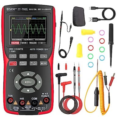 BSIDE ZT-702S Mini Oscilloscope Numérique 3 en 1 Multimètre TRMS à Oscilloscope Portable Écran Couleur Bande Passante 10Mhz 9999 comptes Kit de Testeur Oscilloscope avec Batterie Rechargeable