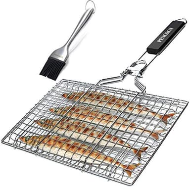 penobon Panier Grille pour Barbecue, Pliable en Acier Inoxydable, pour la Cuisson des Poissons, Légumes ou Crevettes, avec Poignée Amovible, Brosse à Badigeonner et Sac de Rangement. (Type 1)