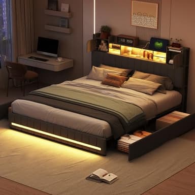 LIVLUX Lit 160x200 avec Sommier LED et USB,Lit Double rembourré avec sommier à Lattes et 4 Tiroirs,Tete de lit avec Rangement,2 Personnes pour Adultes et Adolescents,Lin (Gris, 160 x 200 cm)