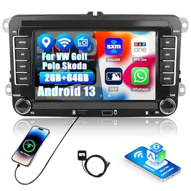 CAMECHO 2G+64G Android 15 Autoradio pour VW Golf 5 6 Polo Skoda Caddy avec Carplay Android Car Navigation Bluetooth Autoradio 7 Pouces écran Tactile avec Mirror Link FM/RDS WiFi SWC et USB
