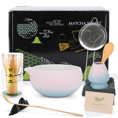 ZUSUZU 9 pièces Matcha Kit avec dégradé de couleur,comprenant Bol de matcha,Support de Fouet à Matcha,Fouet à Matcha,serviette de vaisselle brodée,etc. –Set cadeau pour les amateurs de matcha