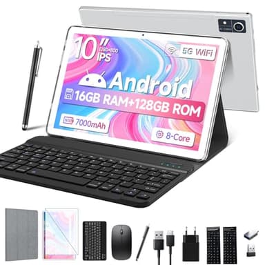 2025 Tablette Android 13 10 pouces, 5 G Wifi Android 13 avec 16 Go de RAM + 128 Go de ROM (1 To TF), tablette 2 en 1 avec clavier et souris Octa-Core 2,0 Ghz | 7000 mAh | 1080 FHD | Appareil photo 13