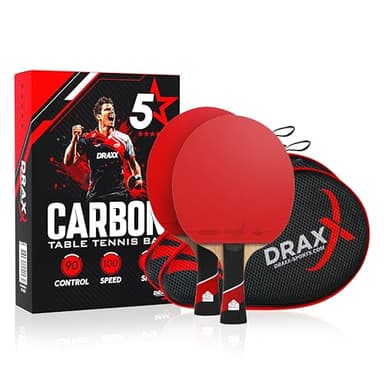 DRAXX SPORTS Raquettes de Ping-Pong Carbone | Pack DE 2 | 5 Étoiles, Éponge 2mm, Effets Faciles, Légère et Rapide | Entraînement Compétition Club Loisir