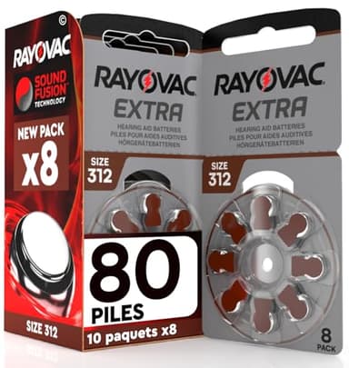 80 Piles pour appareils auditifs Rayovac Extra 312. - 10 Ampoules de 8 Piles